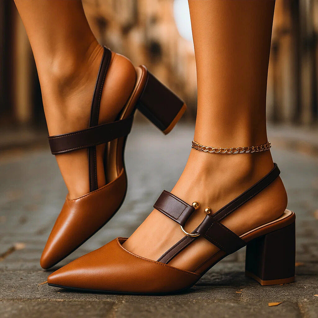 Pointed Toe Buckle Slingback Block Heel Pumps