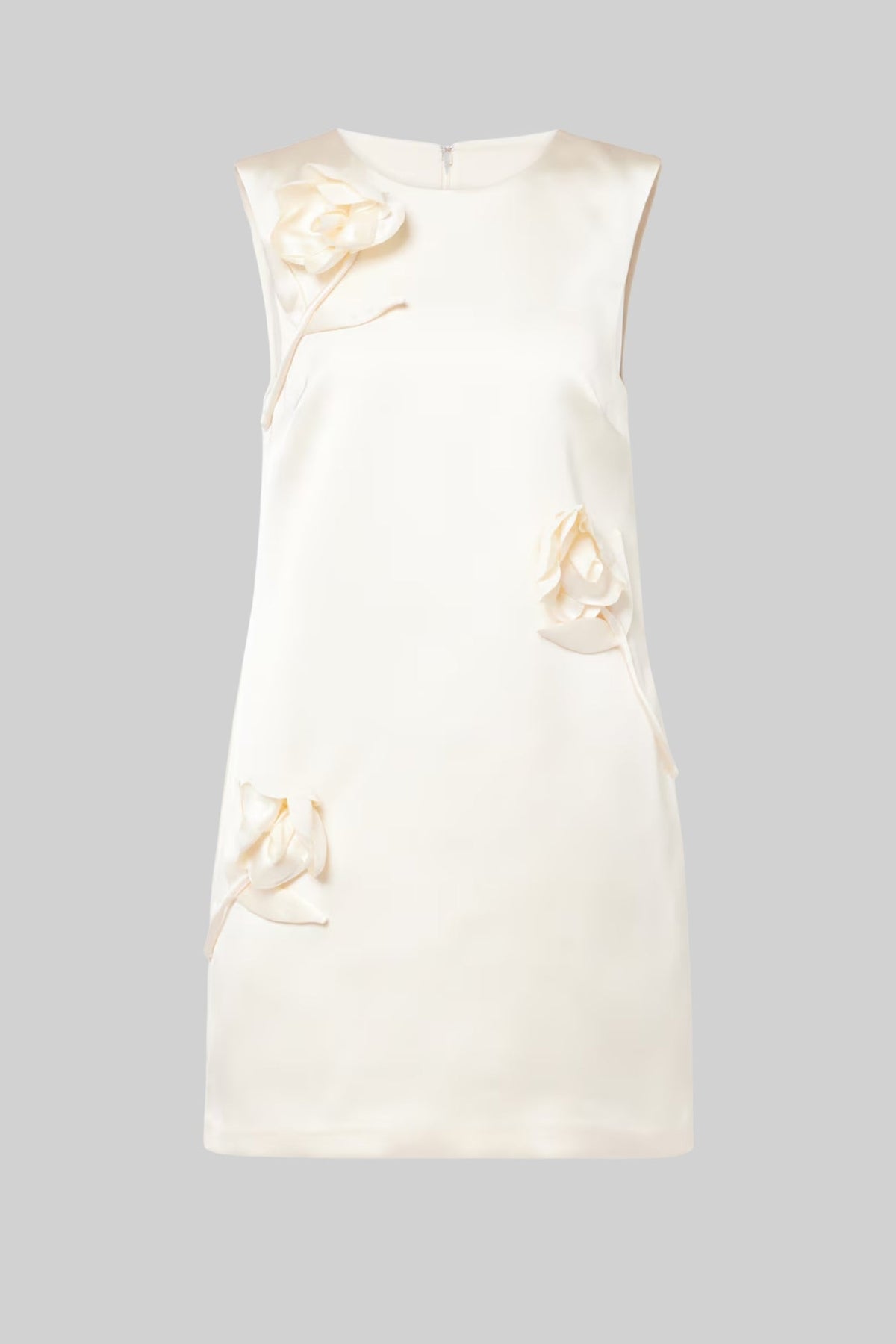 Satin Round Neck Sleeveless 3D Flower Applique Shift Mini Dress