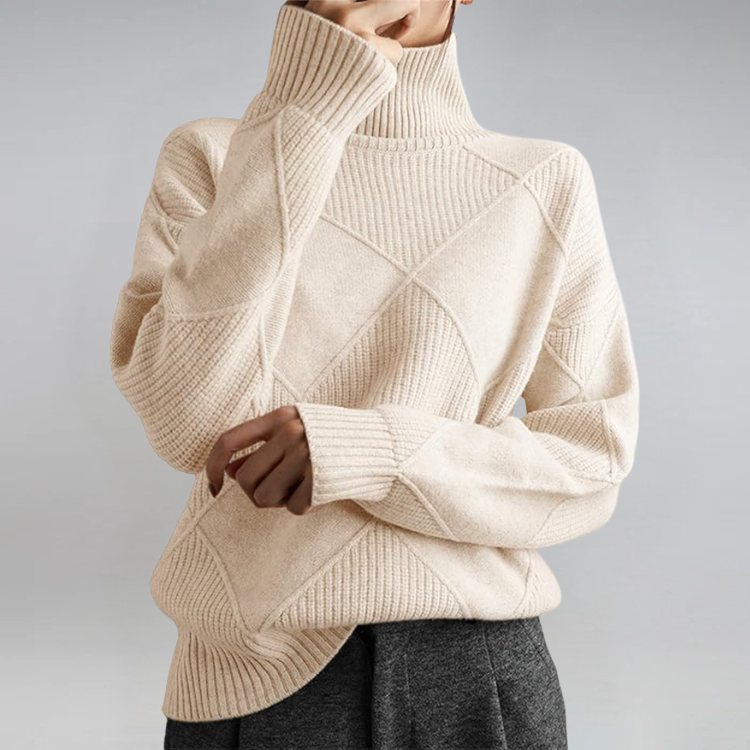 Turtleneck Long Sleeve Diamond Textured Knit Sweater
