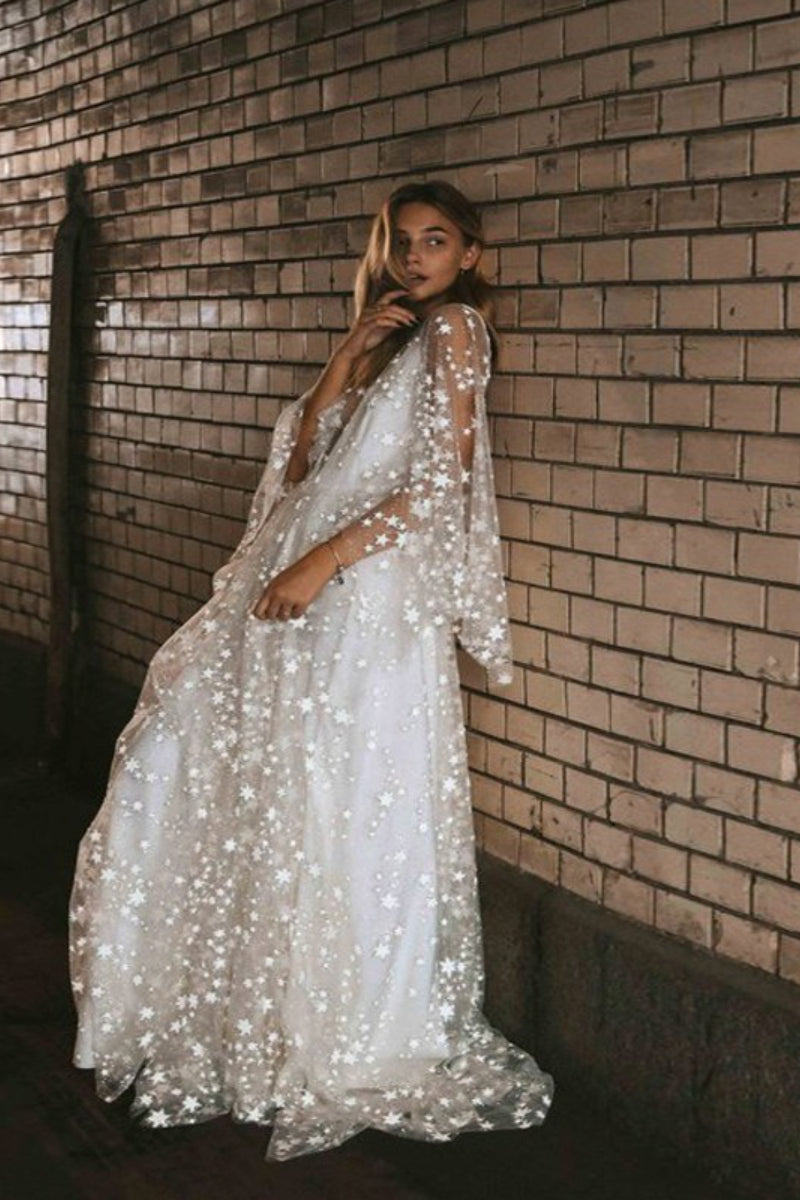 Star Foil Sheer Backless Maxi Prom Dress
