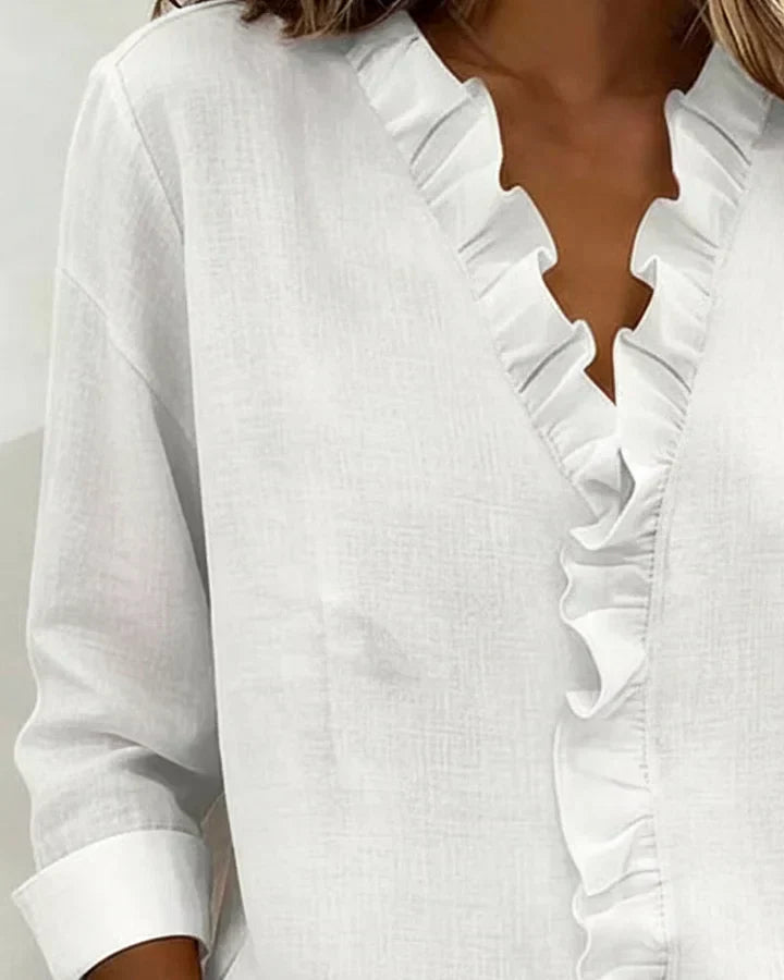 Ruffle Placket V-Neck Long Sleeve Blouse