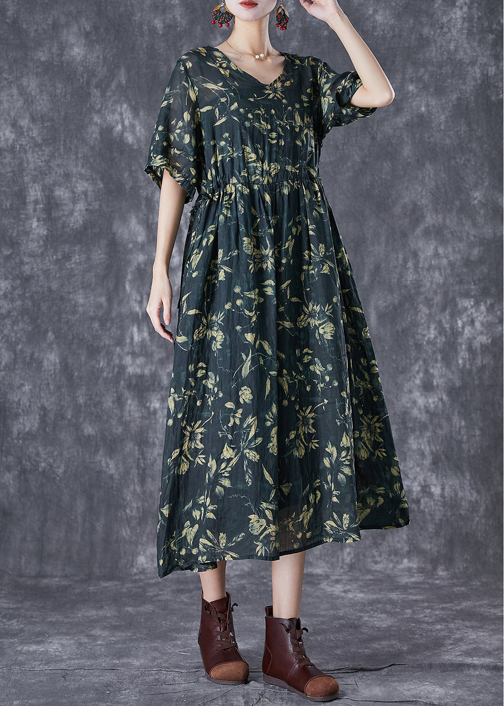 Botanical Print V-Neck Elbow Sleeve Gathered Waist Loose Midi Dress