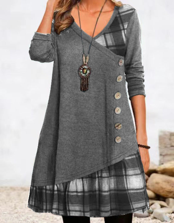 Plaid Patchwork V-Neck Long Sleeve Button Front Tunic Dress 7