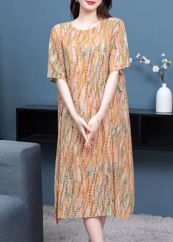 Floral Print Patchwork Round Neck Short Sleeve Chiffon Shift Midi Dress