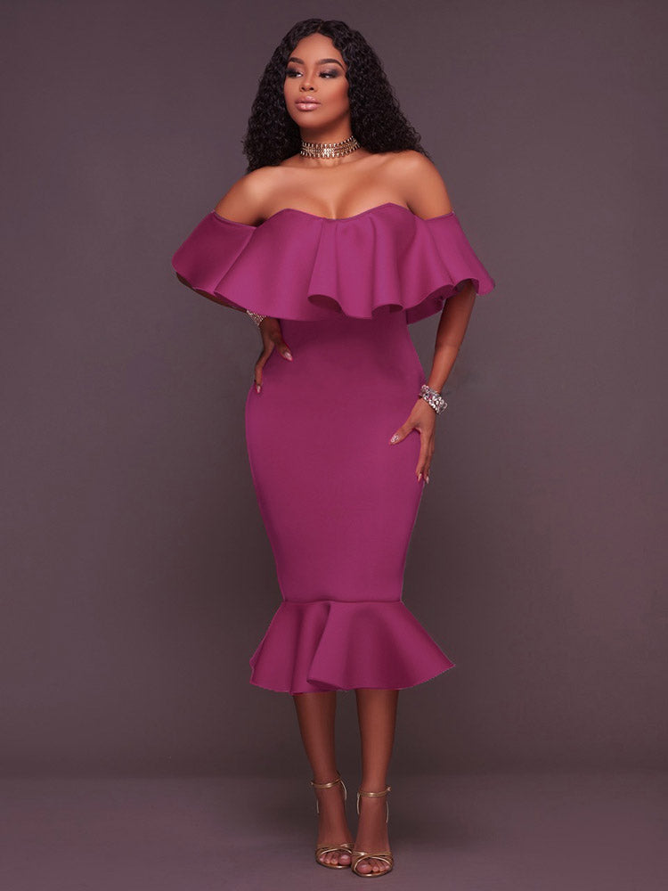 Off Shoulder Ruffle Mermaid Midi Dress 8