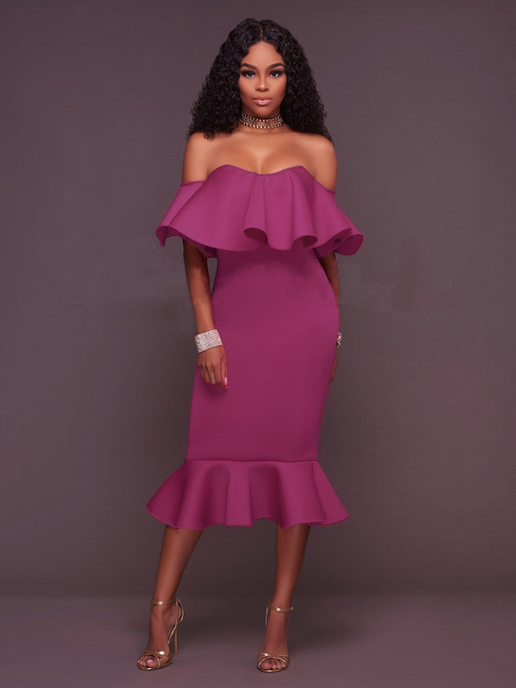 Off Shoulder Ruffle Mermaid Midi Dress 7