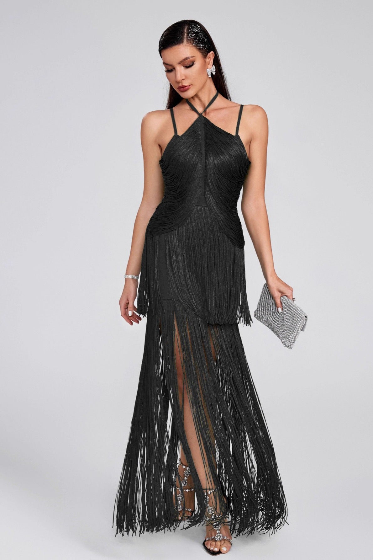 Halter Neck Tiered Fringe High Split Maxi Cocktail Dress