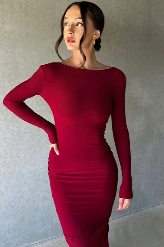 Deep V-Neck Long Sleeve Ruched Twist Front Bodycon Maxi Dress