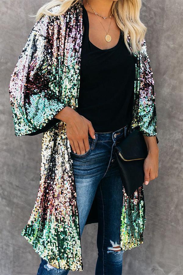 Sequins Three-quarter Sleeve Buttonless Jacket