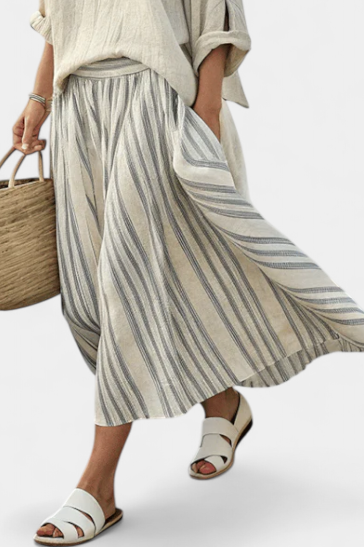 Round Neck Boxy Top and Striped Midi Skirt Two Piece Set