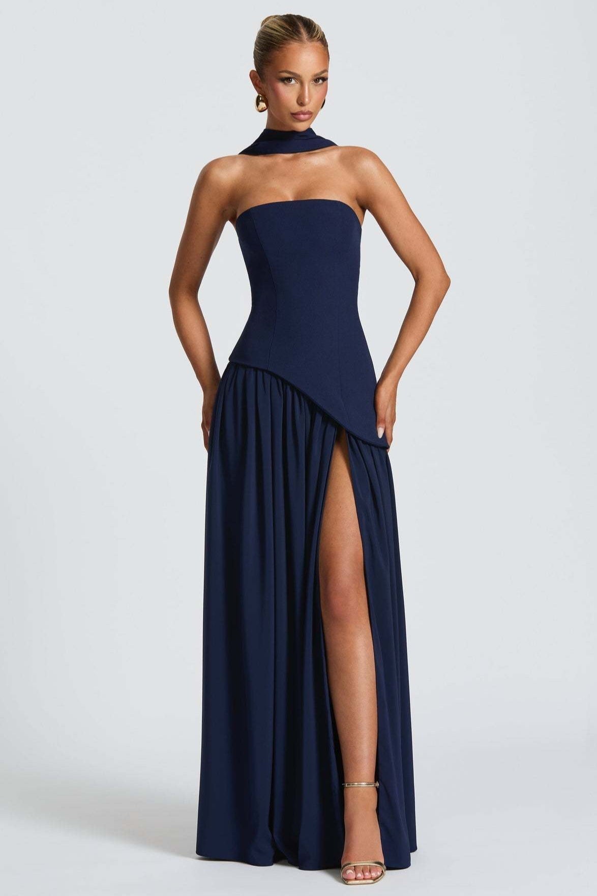Strapless Scarf Neck High Split Draped Maxi Gown