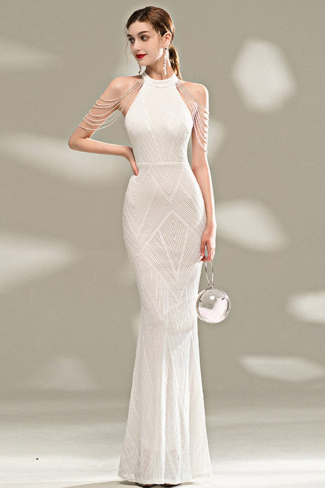 Sequin Halter Neck Fringe Trim Mermaid Maxi Gown