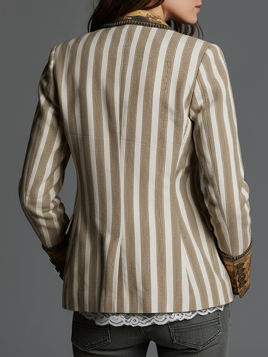 Striped Contrast Lapel Single Breasted Blazer