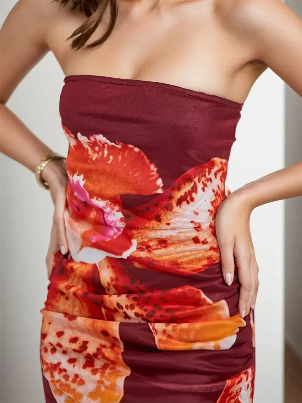 Floral Print Strapless Ruched Bodycon Maxi Dress 3