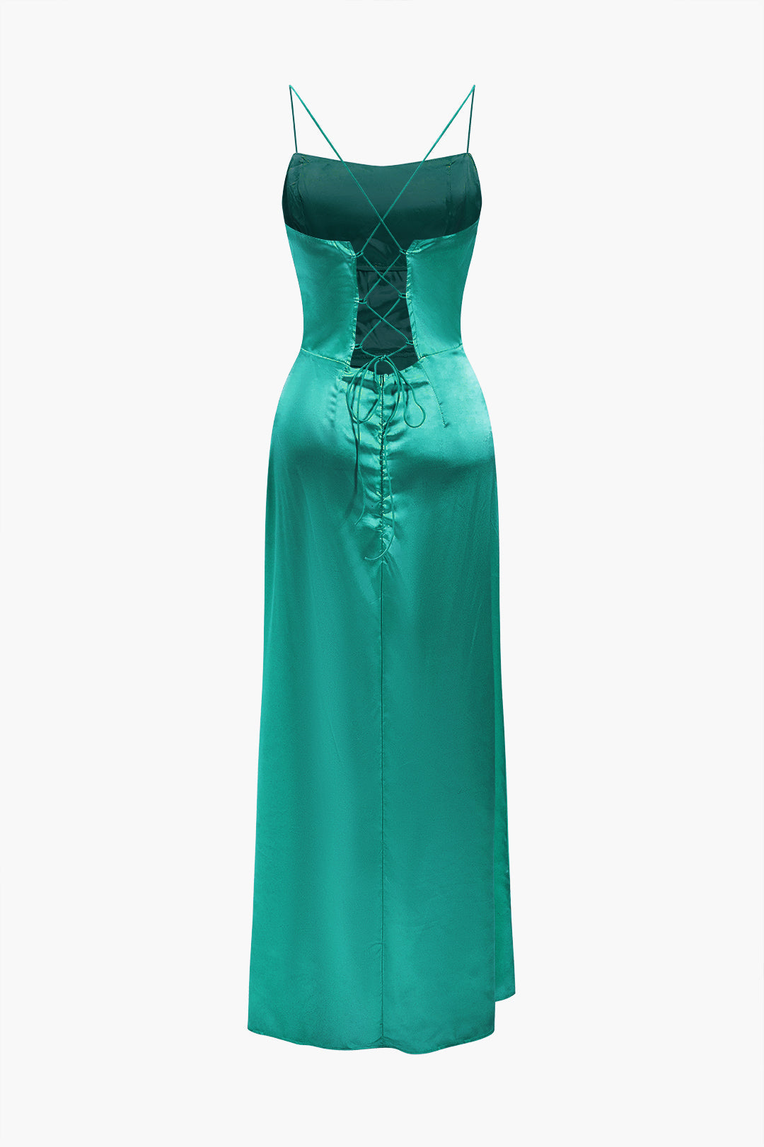 Satin Cowl Neck Corset Bodice Spaghetti Strap High Split Maxi Gown 9
