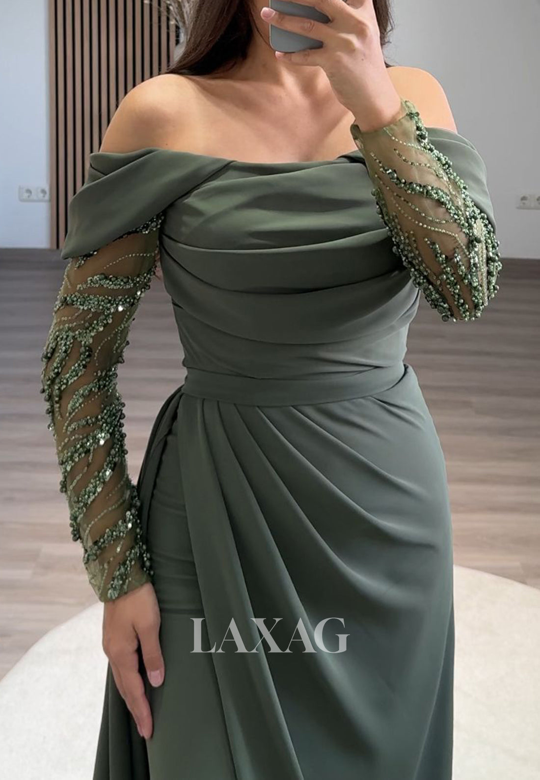 Tube Top Long Sleeves Satin Formal Gowns Off-Shoulder Beaded Pleated Mermaid Prom Dress