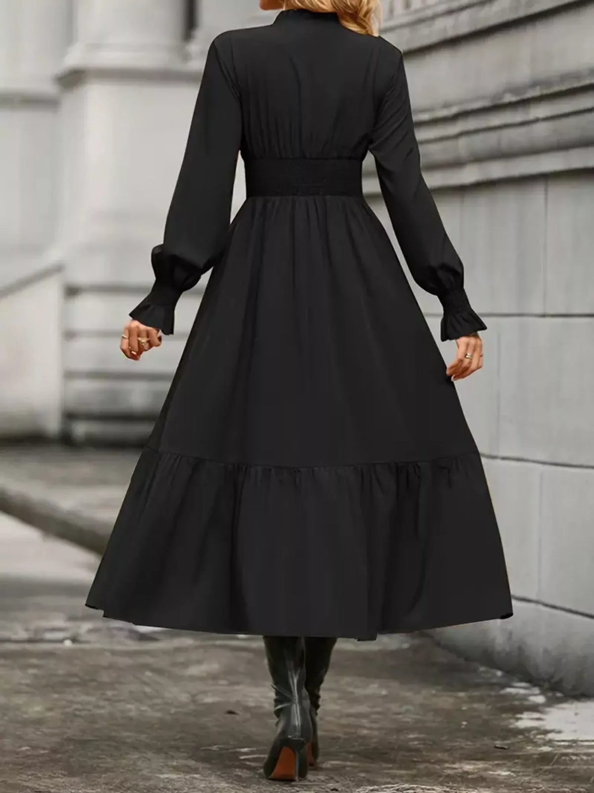 Surplice V-Neck Smocked Waist Balloon Sleeve Tiered Midi Dress 15