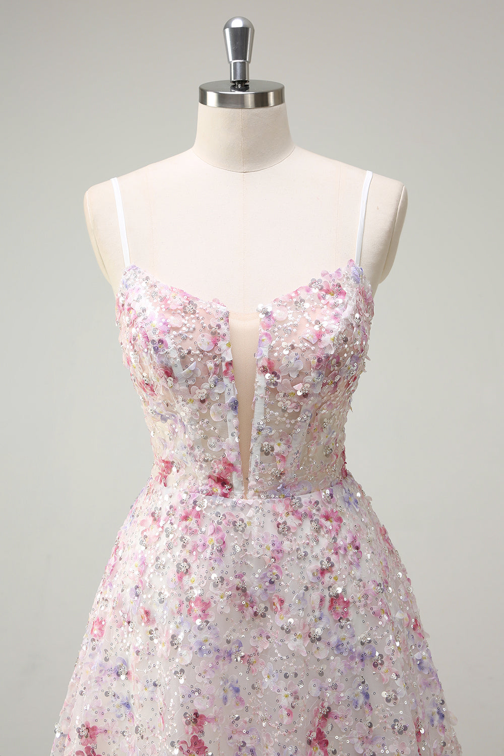 Pink A Line Spaghetti Straps Floral Beaded Prom Dress