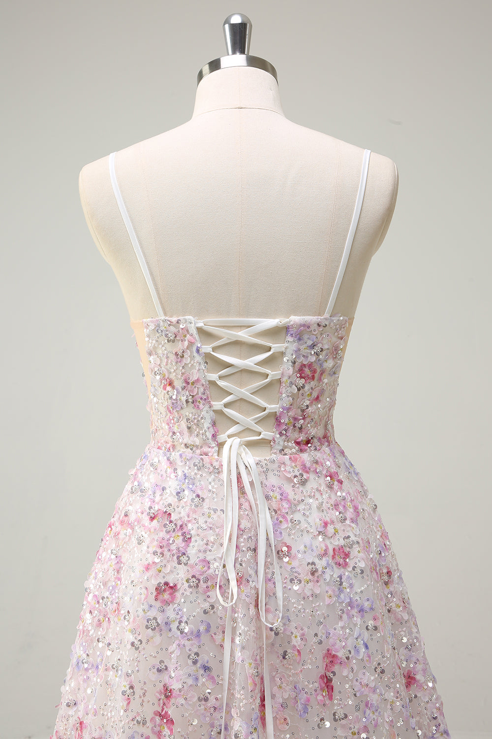 Pink A Line Spaghetti Straps Floral Beaded Prom Dress
