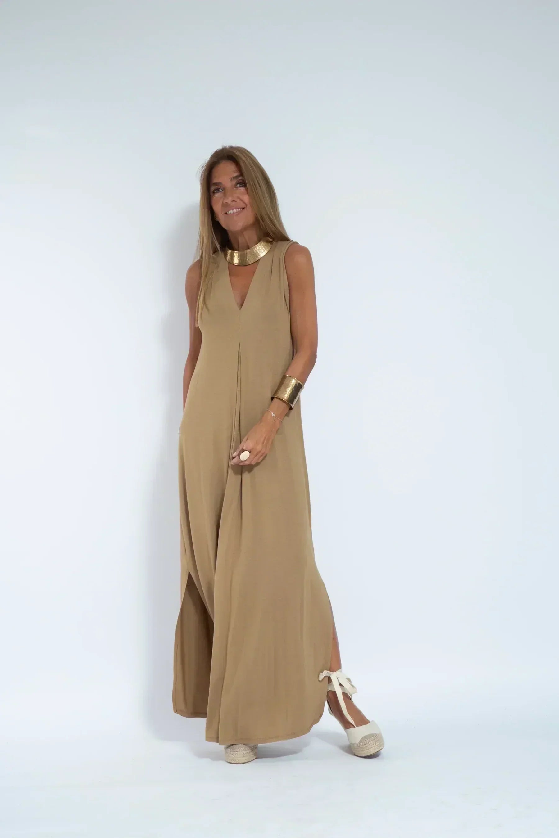 Sleeveless Deep V-Neck Center Pleat Wide Leg Maxi Jumpsuit