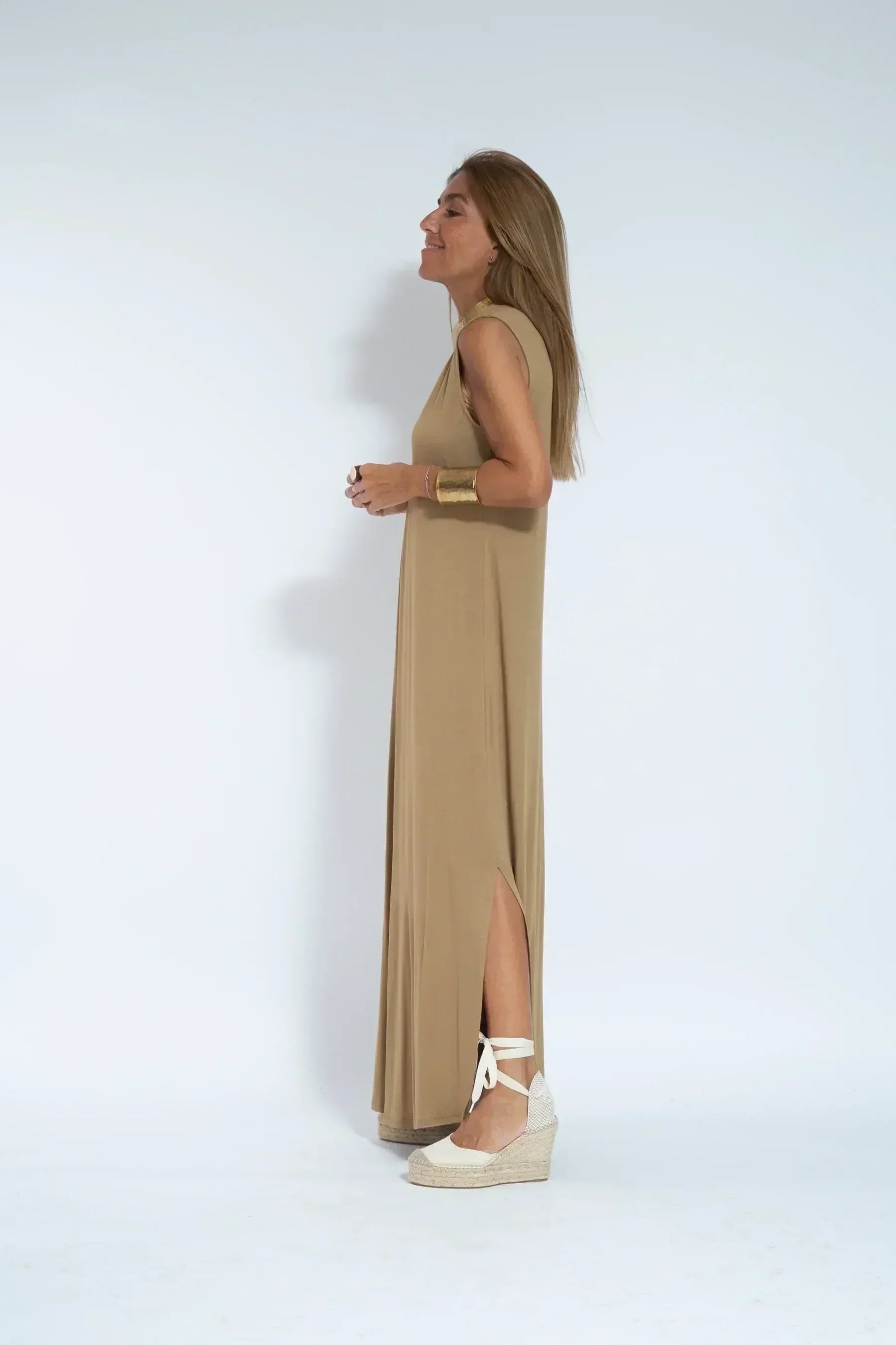 Sleeveless Deep V-Neck Center Pleat Wide Leg Maxi Jumpsuit