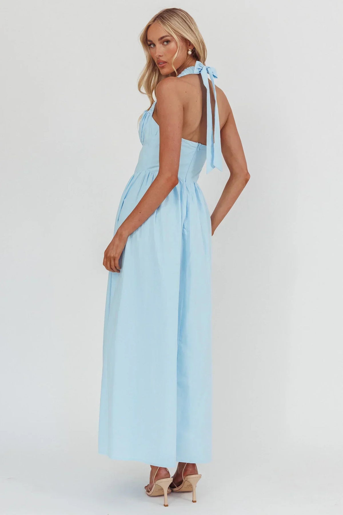 Ruched Bust Halter Neck Corset Waist A-Line Maxi Dress 2