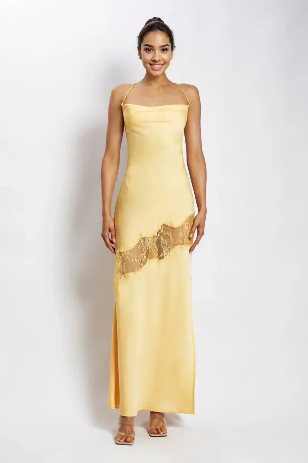 Satin Lace Insert Cowl Neck Spaghetti Strap Maxi Dress