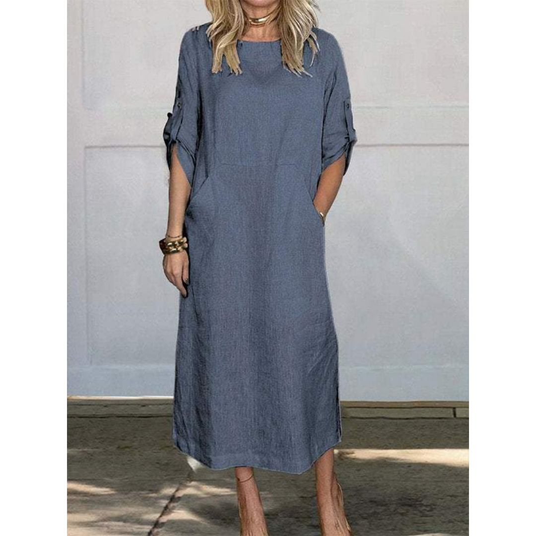 Round Neck Roll Tab Sleeve Pocket Side Slit Shift Maxi Dress