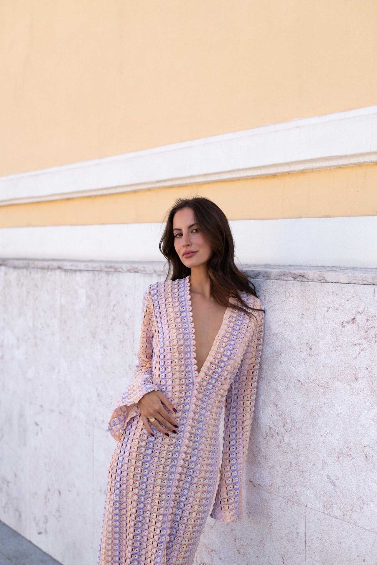 Crochet Deep V-Neck Long Sleeve Striped Boho Maxi Dress