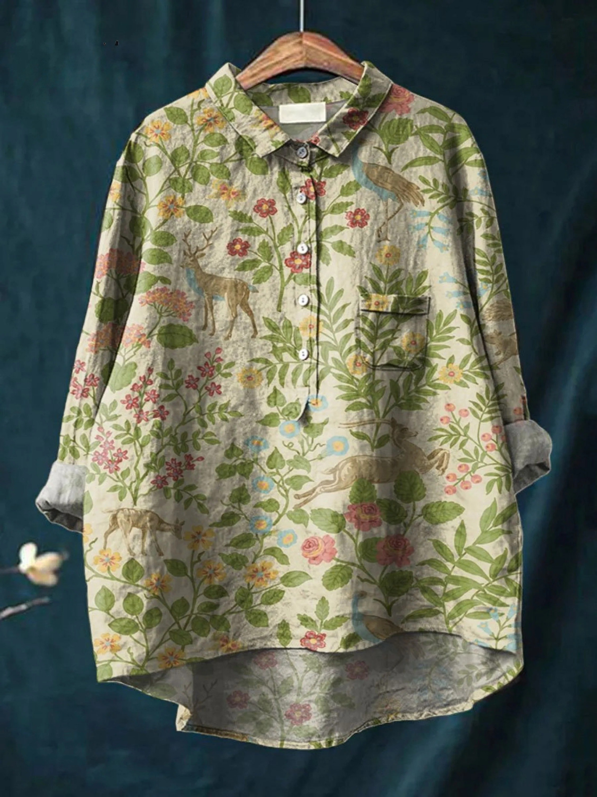 Forest Animal Print Collared Long Sleeve High Low Blouse