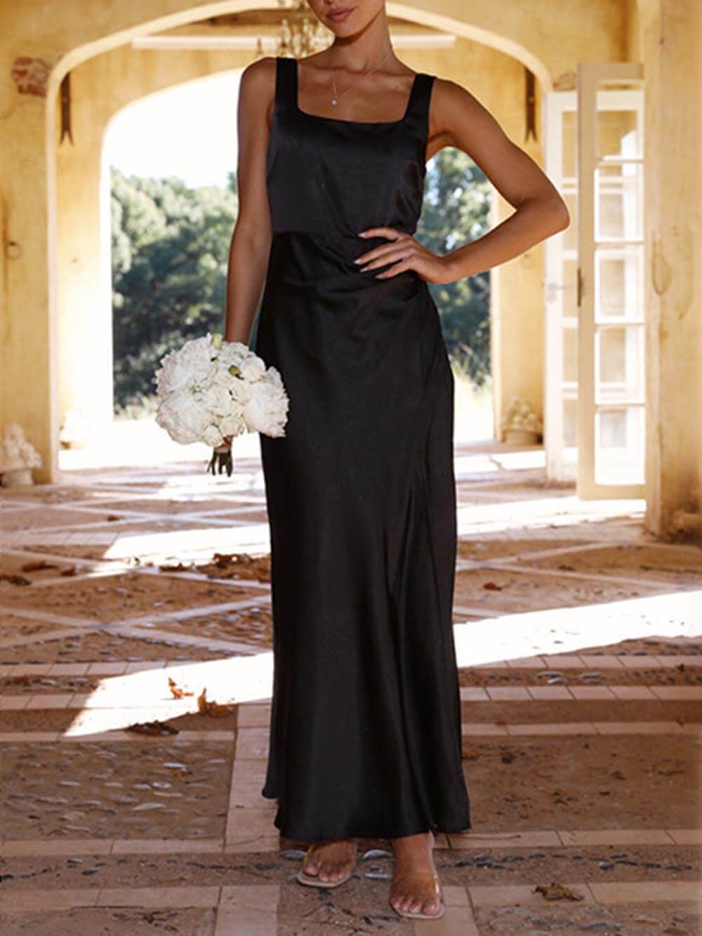 Satin Square Neck Ruched High Split Maxi Dress