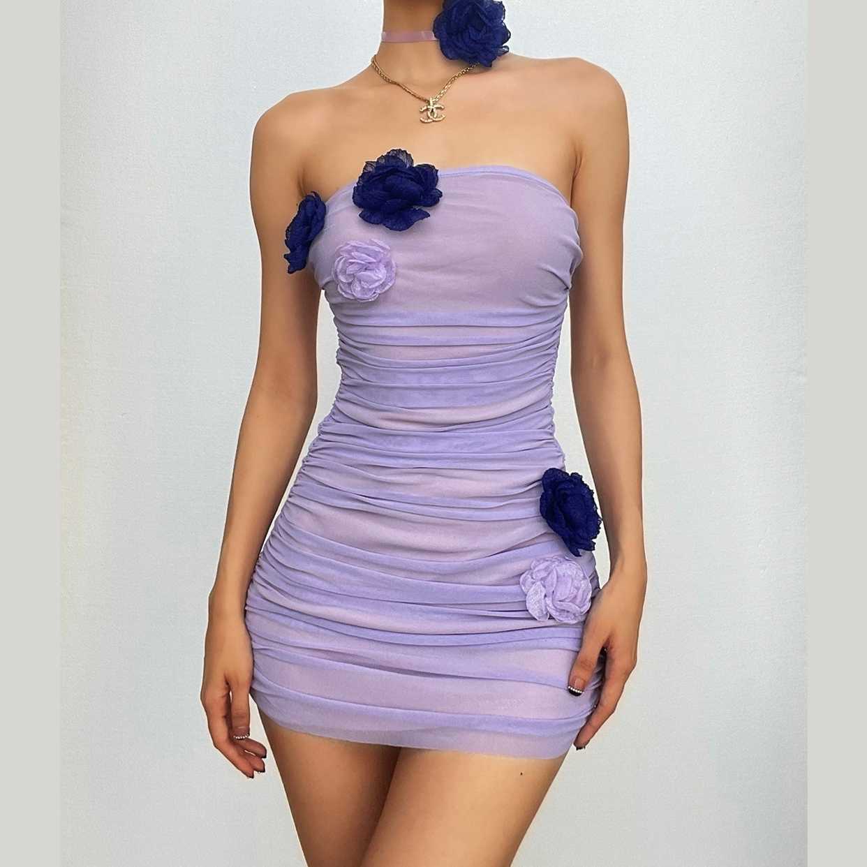 Strapless Rosette Ruched Mesh Backless Bodycon Mini Dress