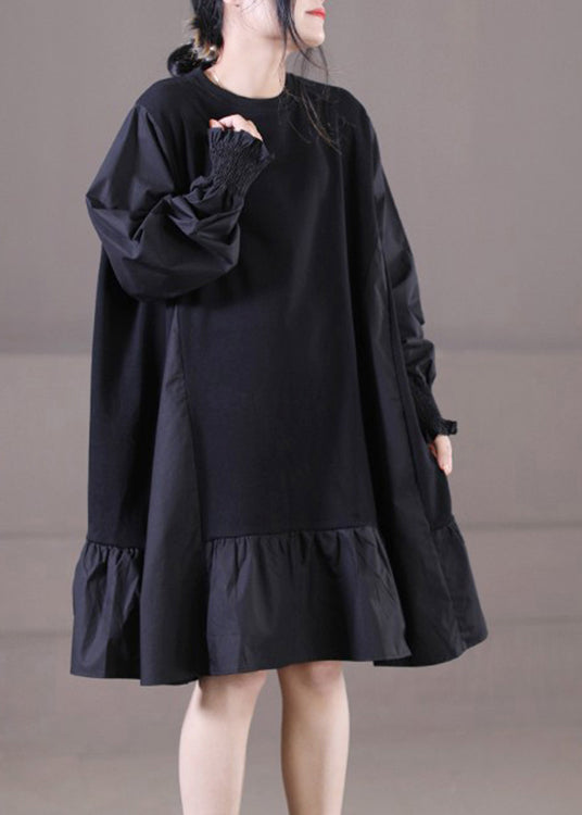 Knit Panel Round Neck Balloon Sleeve Smocked Cuff Ruffle Hem Mini Dress