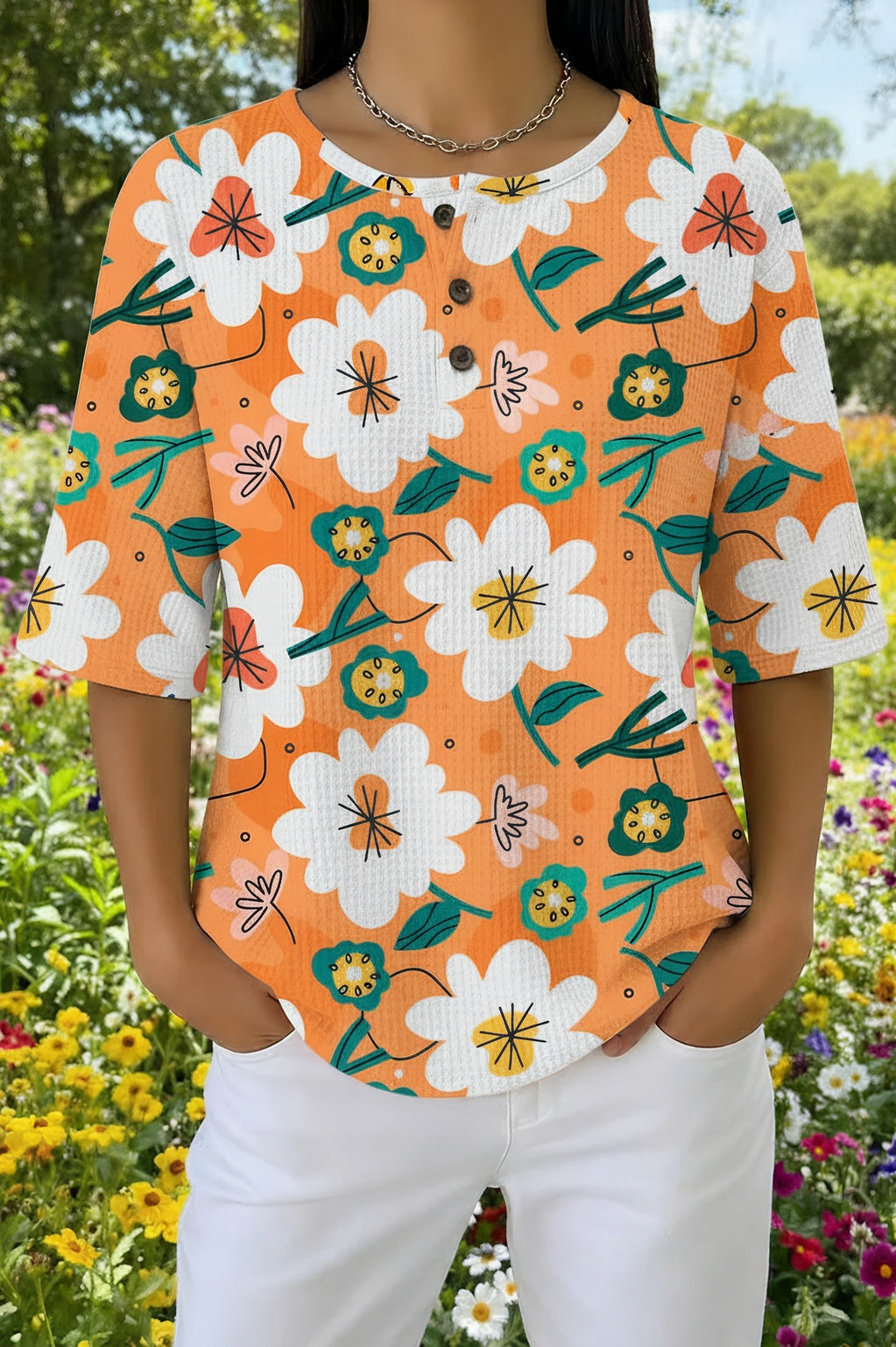 Womens White Orange Daisy Print Casual Shirt