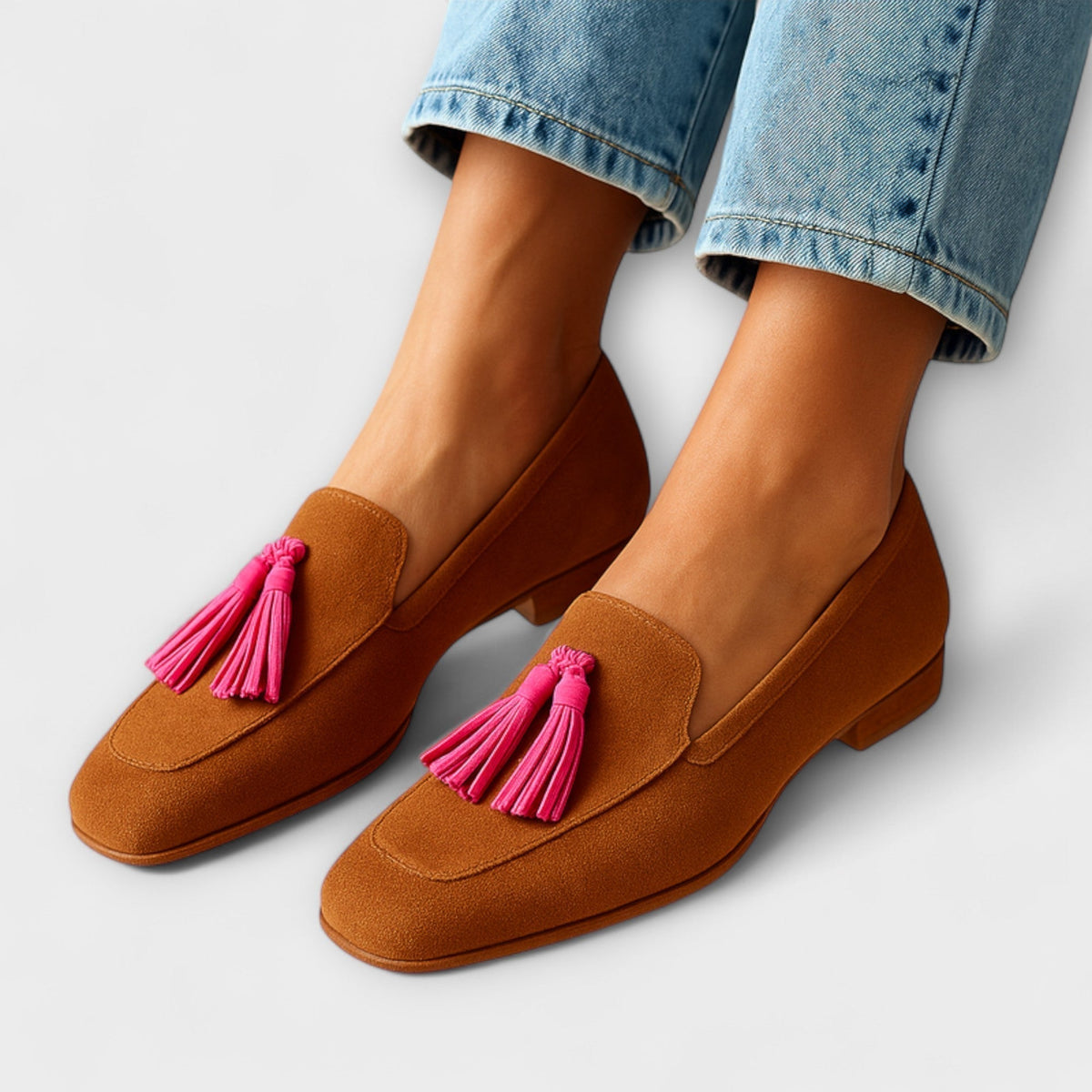 Suede Look Tassel Square Toe Low Block Heel Loafers