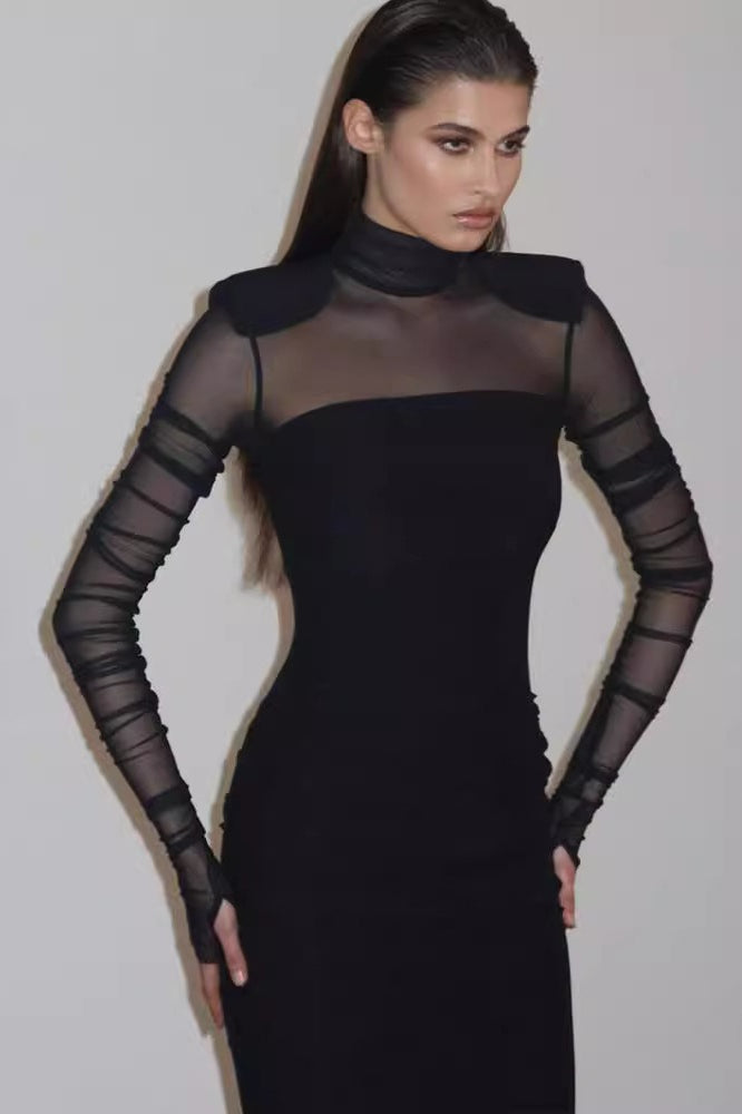 Mesh High Neck Long Sleeve Ruched Bodycon Midi Dress