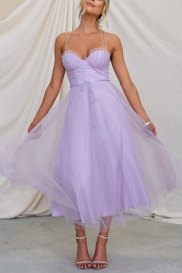 Tulle Corset Bustier Sweetheart Spaghetti Strap Tie Waist Midi Party Dress
