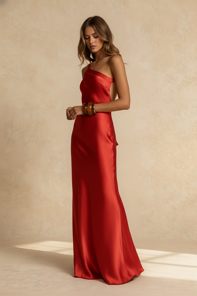 Satin One Shoulder Twisted Strap Draped Sash Bodycon Maxi Gown