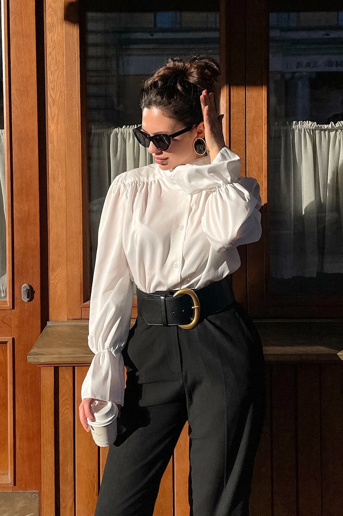 Stand Collar Gathered Shoulder Ruffle Cuff Long Sleeve Blouse 3