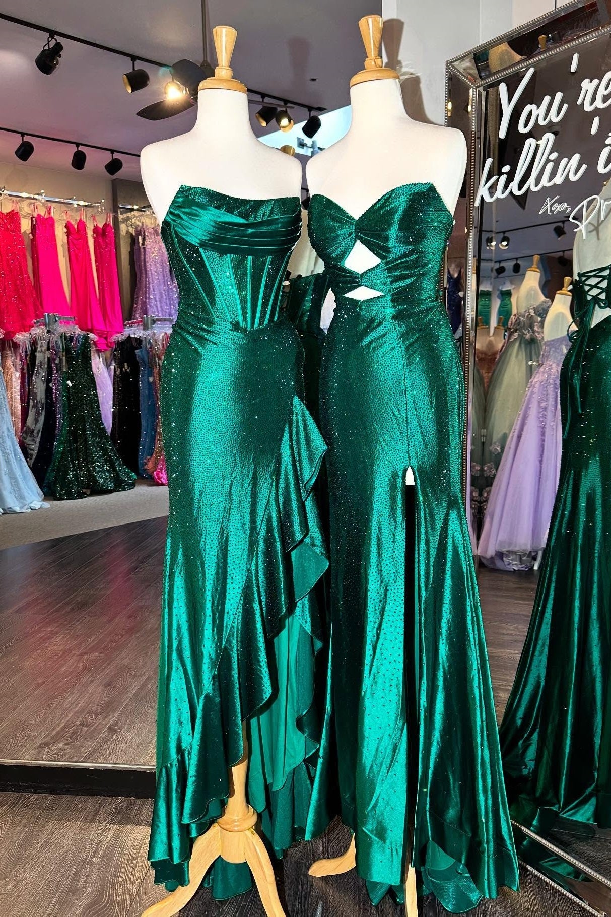 Sparkly Hot Pink Mermaid Strapless Long Beaded Prom Dress with Slit