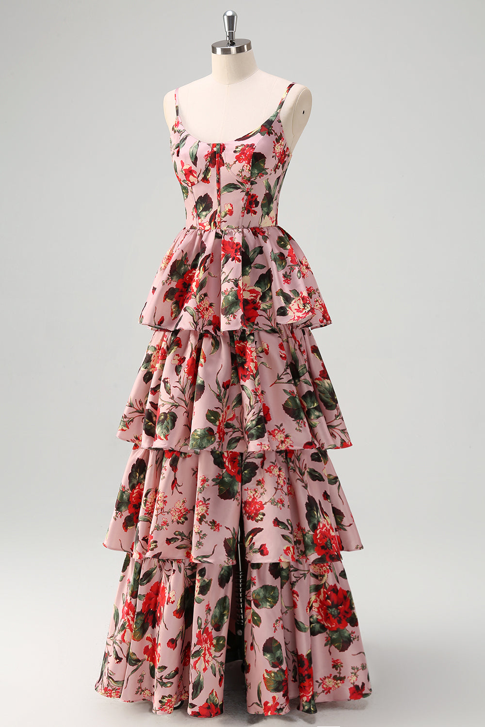 A Line Tiered Grey Pink Spaghetti Straps Floral Long Prom Dress