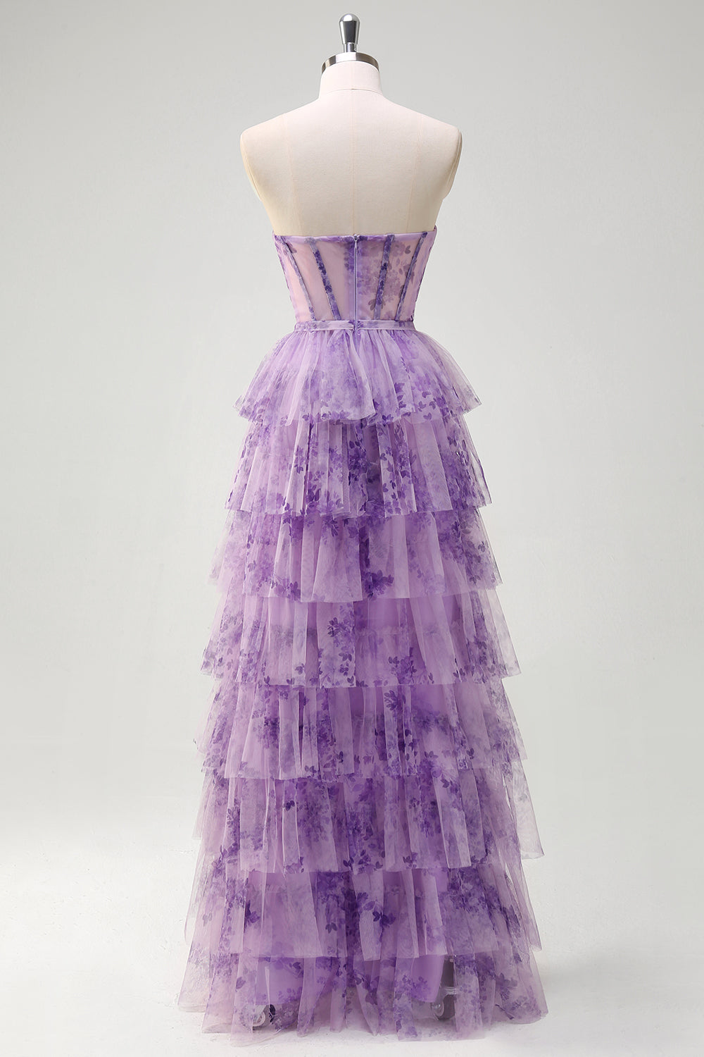 Lilac A-Line Off the Shoulder Corset Floral Ruffles Long Prom Dress with Slit