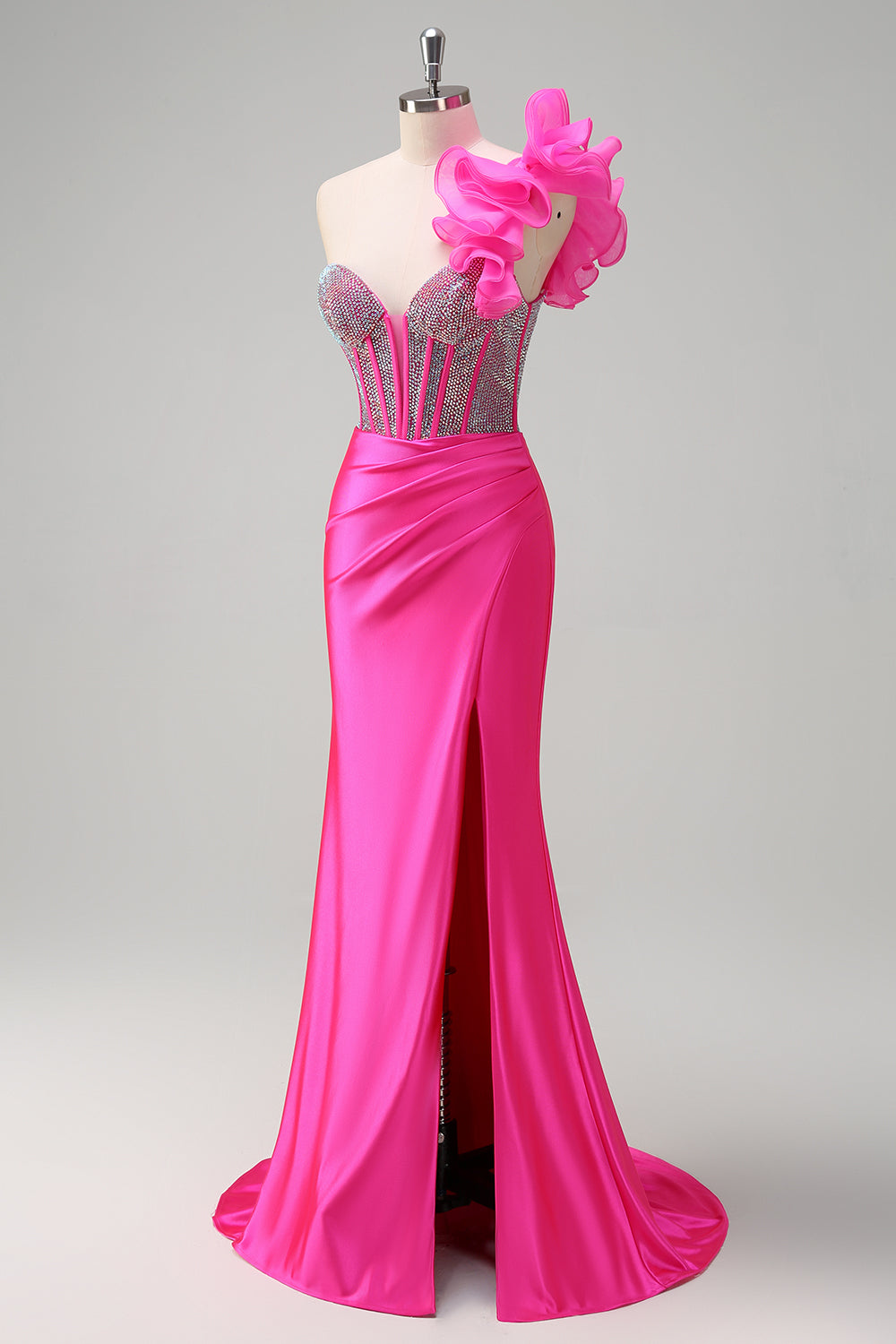 Sparkly Fuchsia Mermaid One Shoulder Removable Ruffles Long Prom Dress with Slit