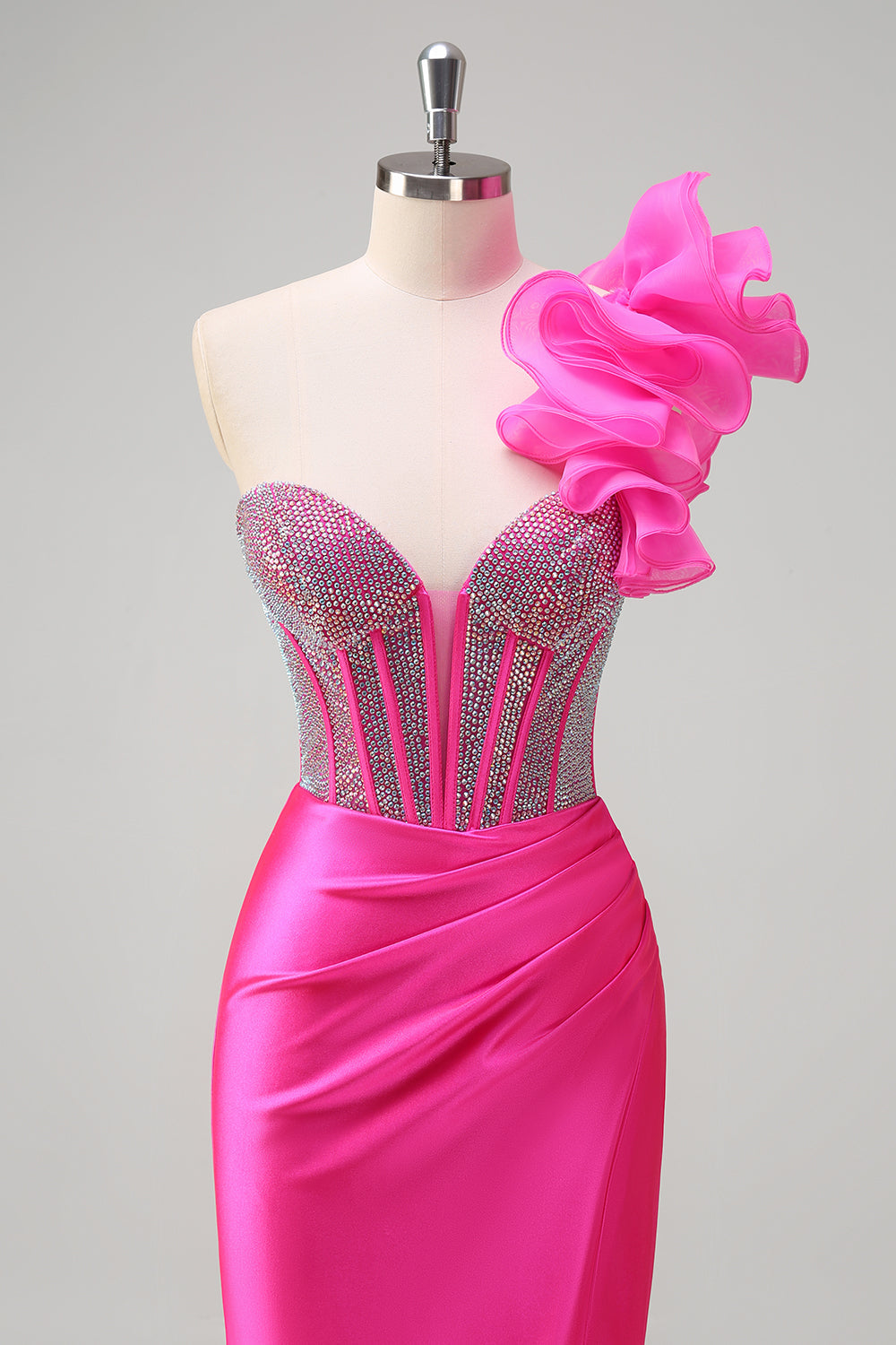 Sparkly Fuchsia Mermaid One Shoulder Removable Ruffles Long Prom Dress with Slit