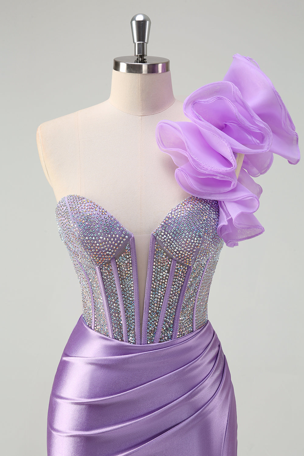 Sparkly Fuchsia Mermaid One Shoulder Removable Ruffles Long Prom Dress with Slit