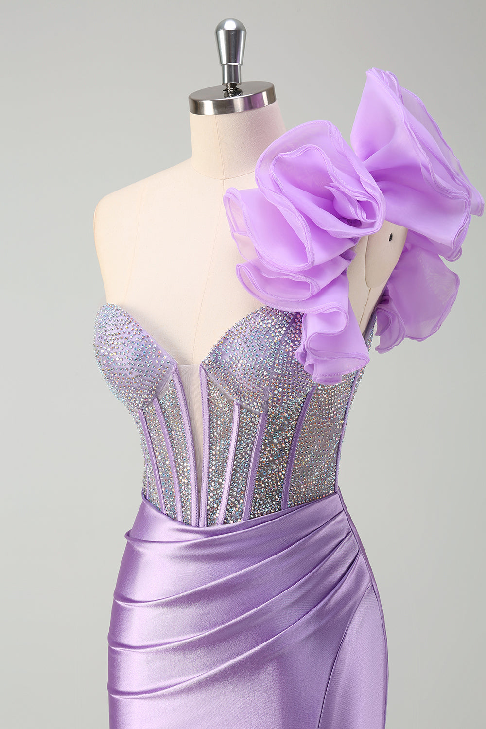 Sparkly Fuchsia Mermaid One Shoulder Removable Ruffles Long Prom Dress with Slit