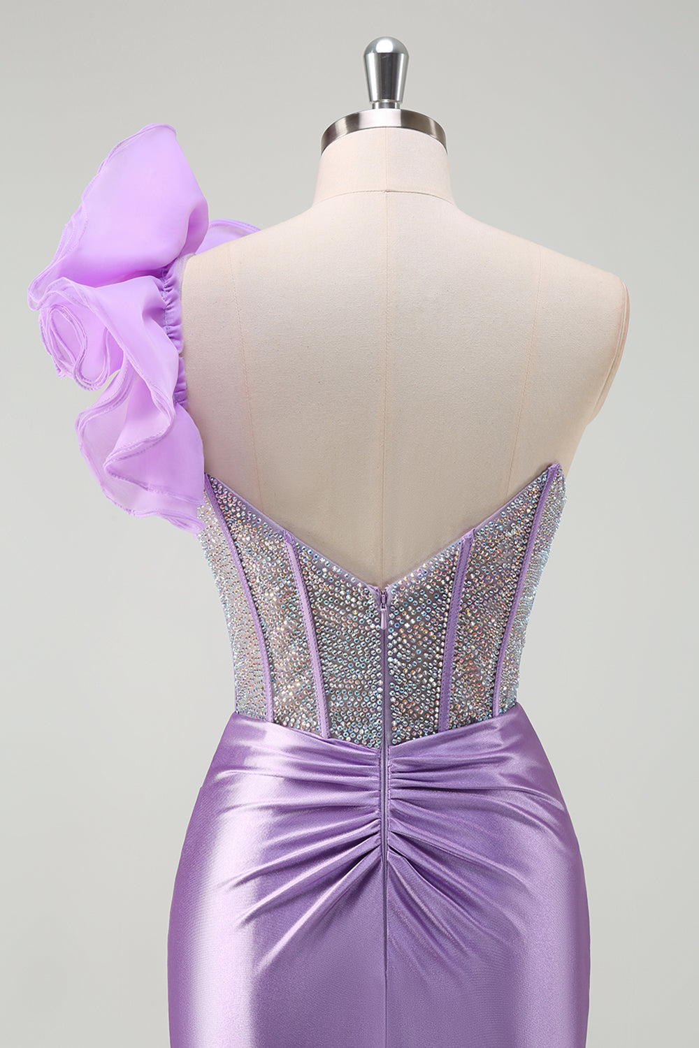 Sparkly Fuchsia Mermaid One Shoulder Removable Ruffles Long Prom Dress with Slit