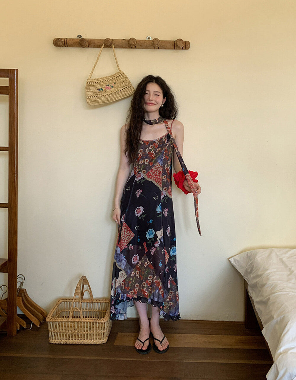 Floral Patchwork Spaghetti Strap Ruffle Maxi Dress