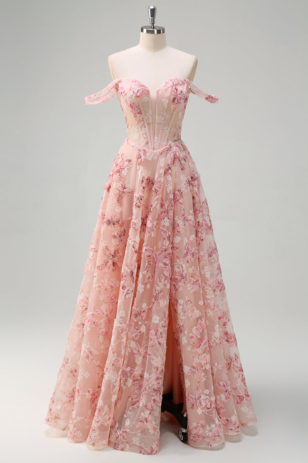 Pink Off The Shoulder A-Line Corset 3D Butterflies Floral Prom Dress with Slit