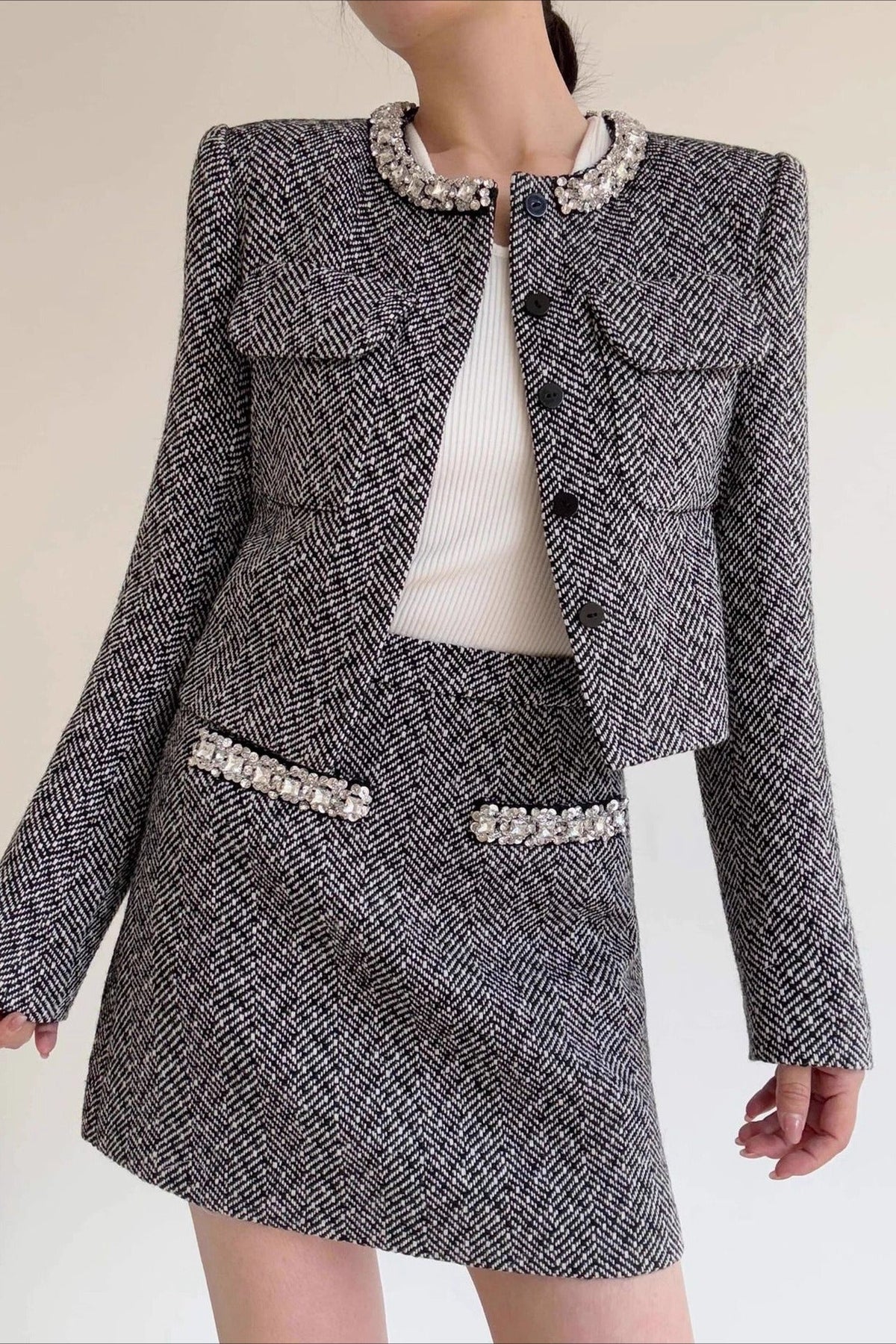Herringbone Tweed Rhinestone Trim Cropped Jacket and Mini Skirt Two Piece Set
